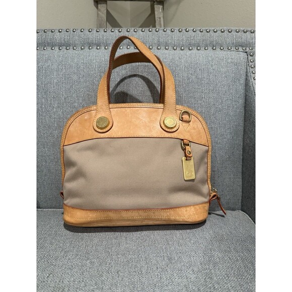 Dooney & Bourke Canvas/Leather Cabriolet Dome Satchel Bag  Taupe/Tan - Picture 1 of 16